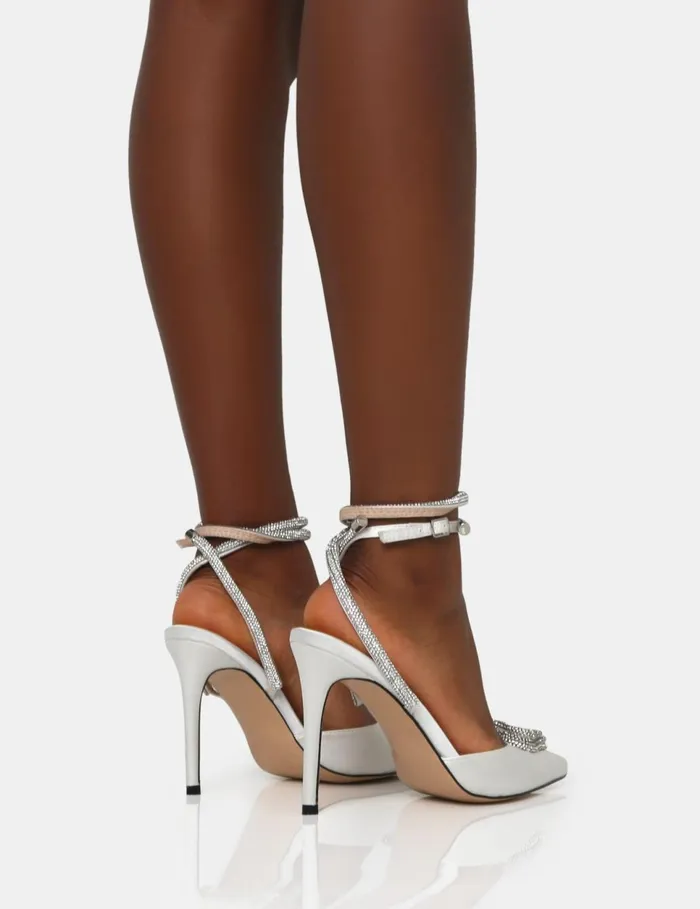 Women Cupid Off White Satin Diamante Heart Wrap Around Pointed Toe Stiletto Heels Silver Public Desire Party