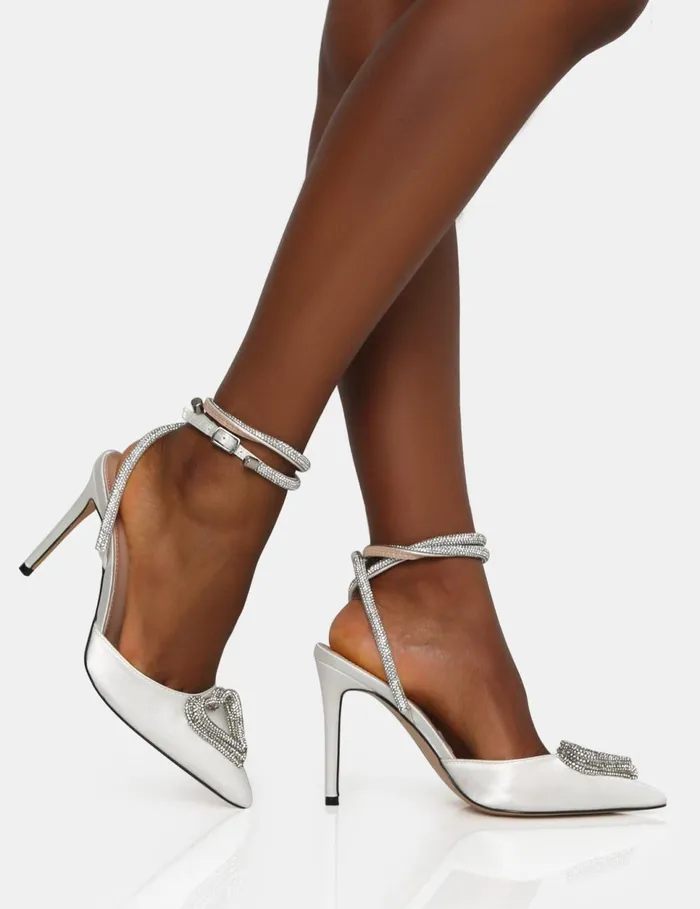 Women Cupid Off White Satin Diamante Heart Wrap Around Pointed Toe Stiletto Heels Silver Public Desire Party