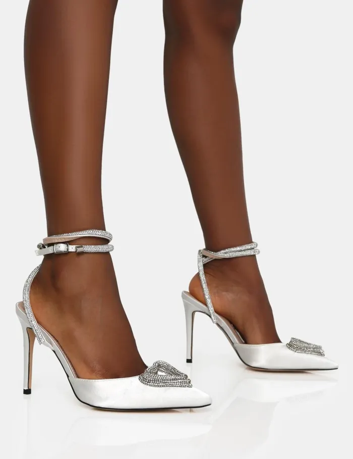 Women Cupid Off White Satin Diamante Heart Wrap Around Pointed Toe Stiletto Heels Silver Public Desire Party