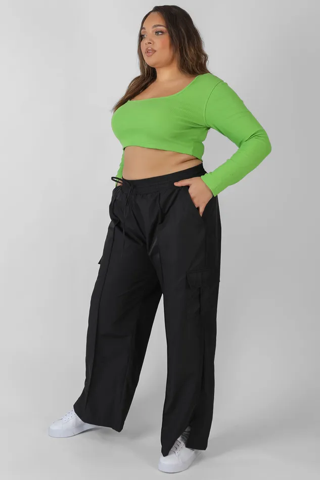Women Curve Long Sleeve Square Neck Crop Top Green Kaiia Green Public Desire Tops