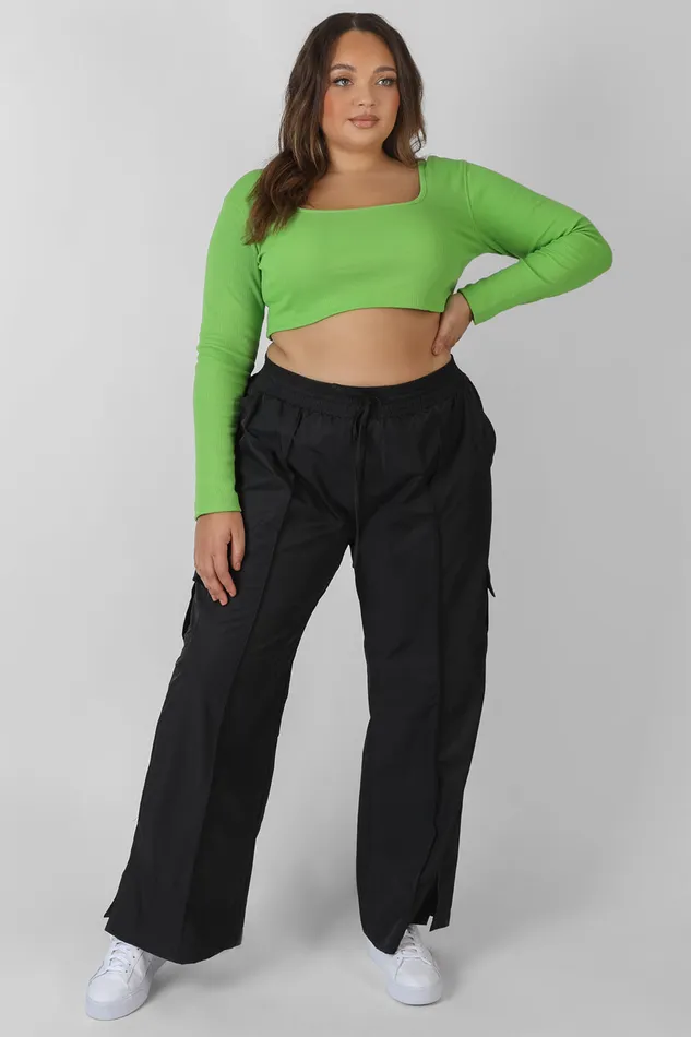 Women Curve Long Sleeve Square Neck Crop Top Green Kaiia Green Public Desire Tops
