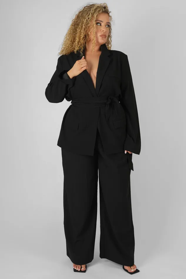 Women Curve Premium Tie Waist Wide Leg Trousers Black Kaiia Black Public Desire Trousers