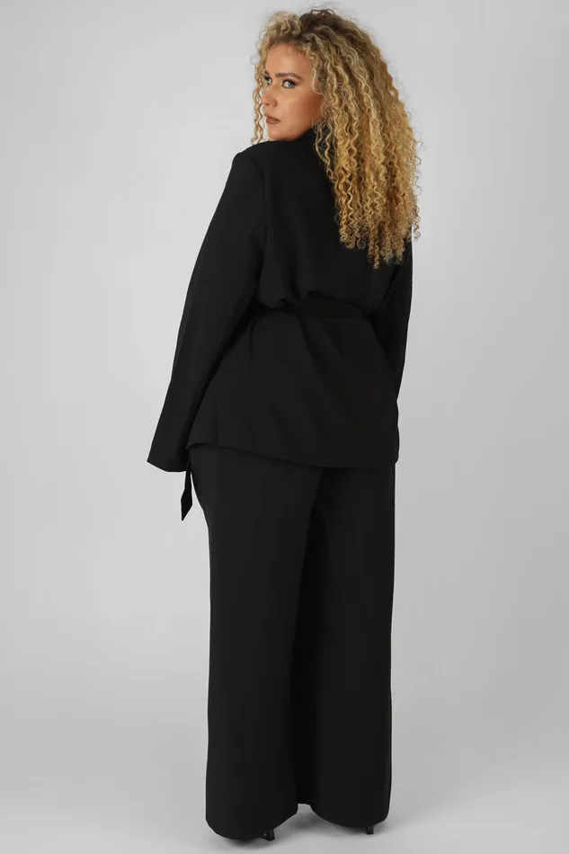 Women Curve Premium Tie Waist Wide Leg Trousers Black Kaiia Black Public Desire Trousers