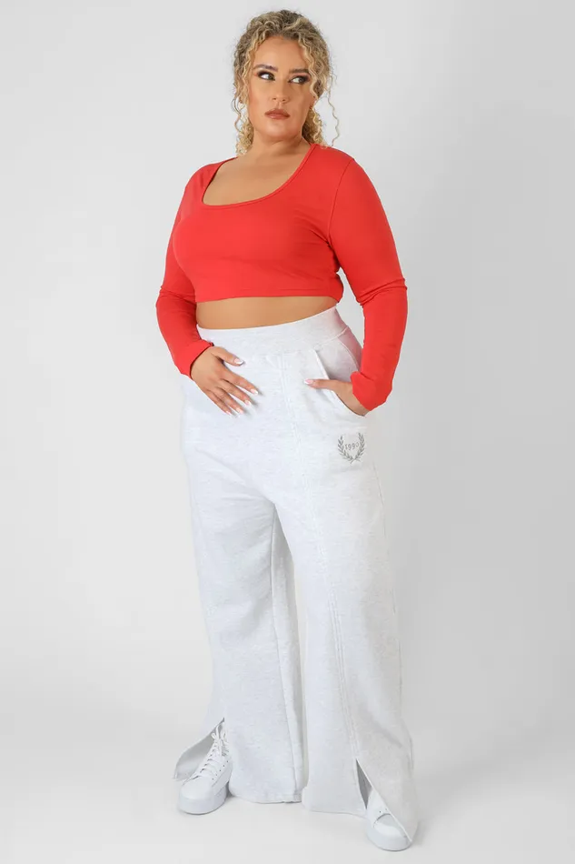 Women Curve Scoop Neck Long Sleeve Crop Top Red Kaiia Red Public Desire Tops