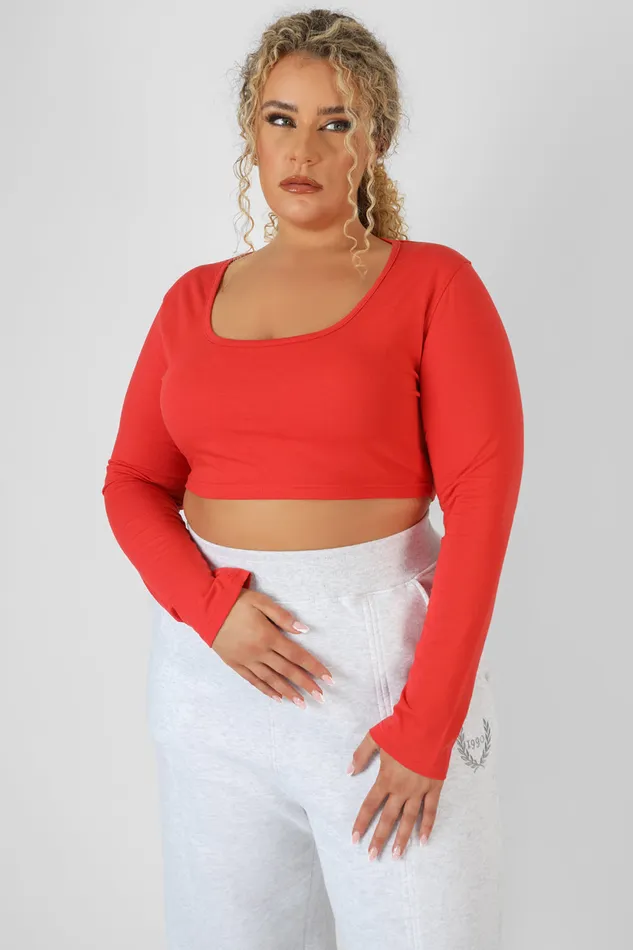 Women Curve Scoop Neck Long Sleeve Crop Top Red Kaiia Red Public Desire Tops