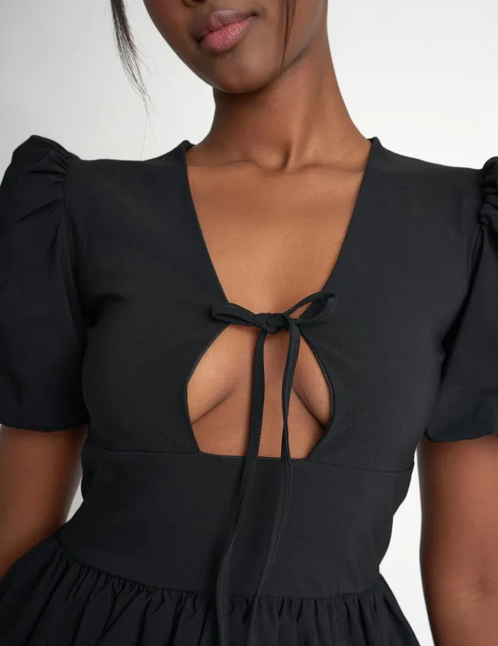 Women Cut Out Puff Sleeve Bubble Hem Mini Dress Black Black Public Desire Party