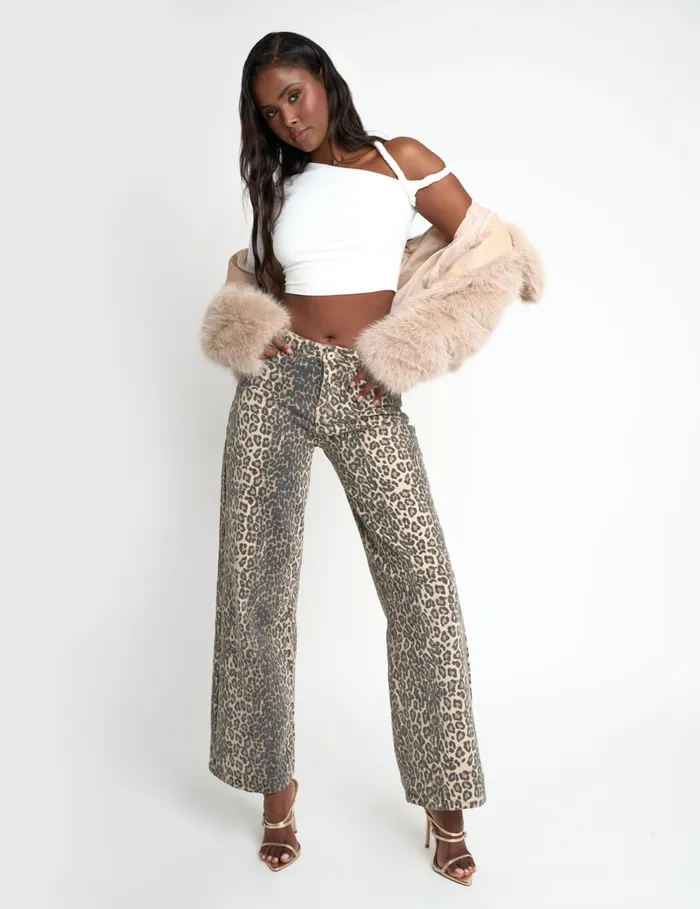 Women Dad Fit Mid Rise Jean Leopard Print Leopard Public Desire Trousers