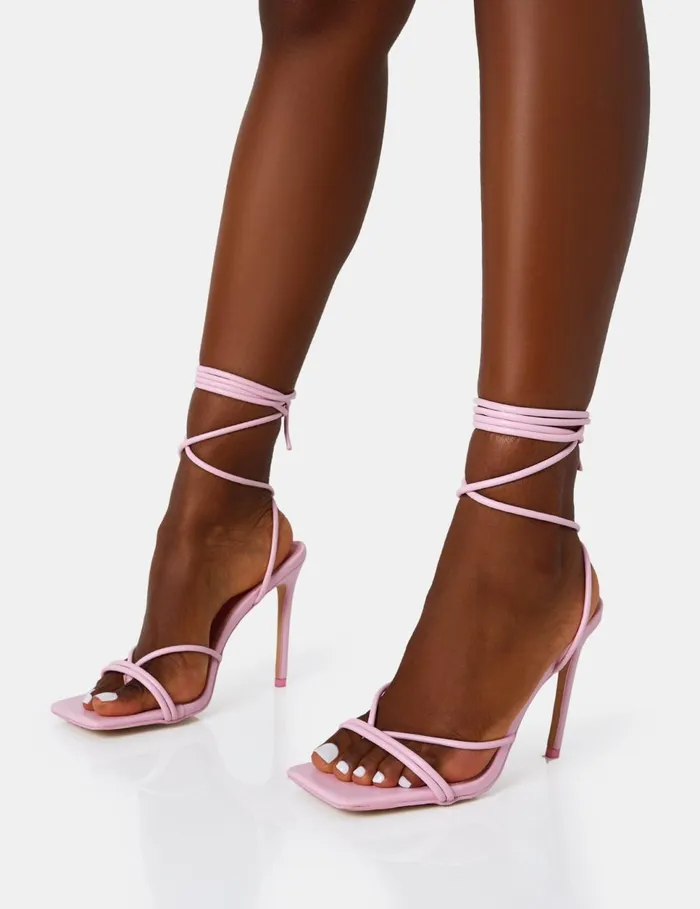 Women Dax Baby Pink Pu Barely There Lace Up Square Toe Stiletto Heels Pink Public Desire Lace Up Heels