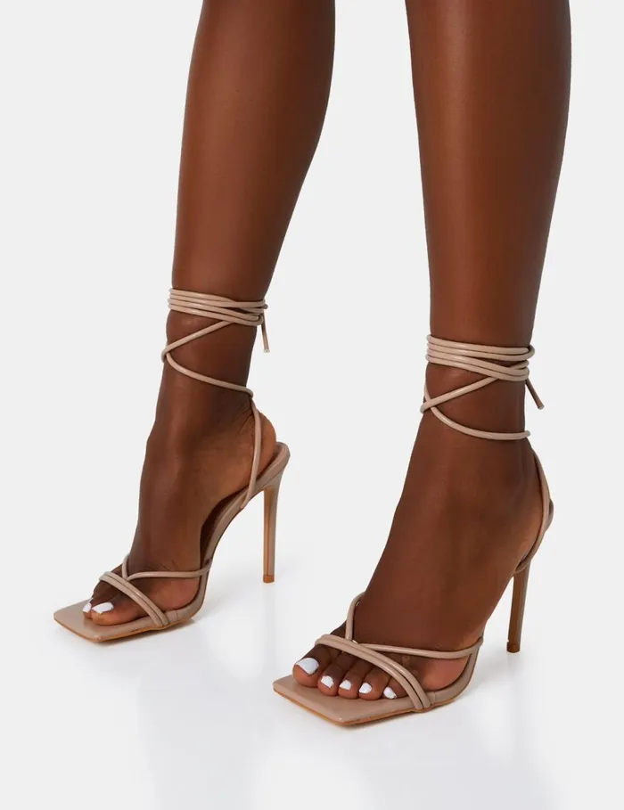 Women Dax Nude PU Barely There Lace Up Square Toe Stiletto Heels Neutral Public Desire Square Toe Heels
