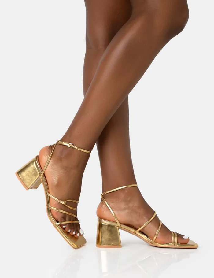 Women Dayla Gold Strappy Square Toe Block Mid Heel Sandals Gold Public Desire Occasion