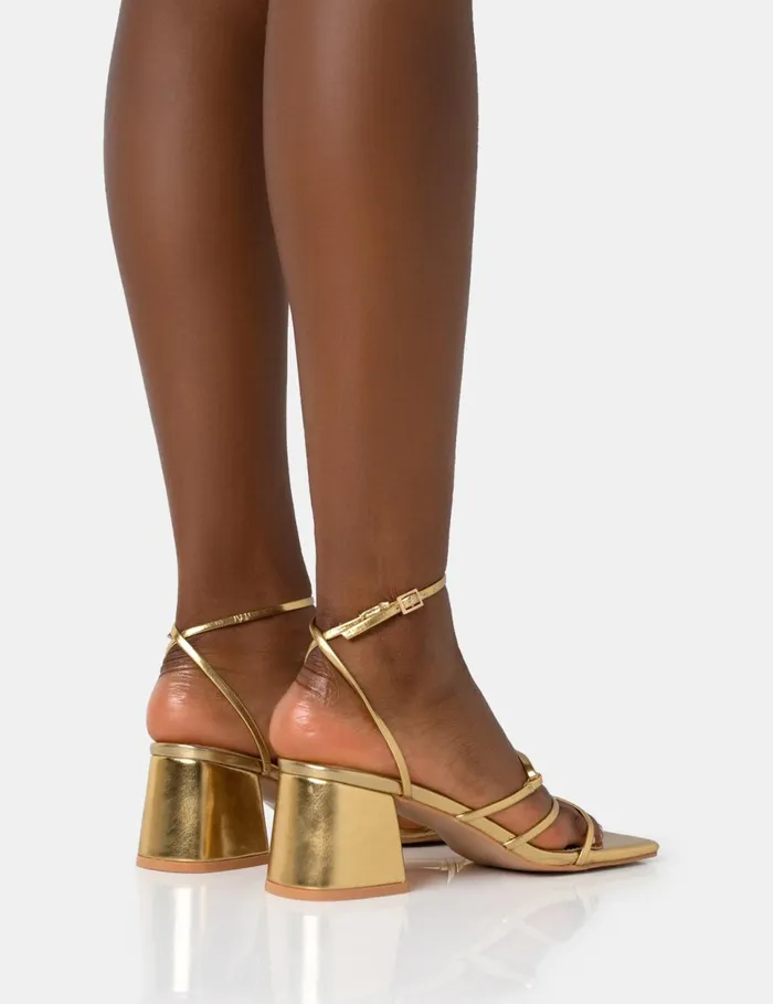 Women Dayla Gold Strappy Square Toe Block Mid Heel Sandals Gold Public Desire Occasion