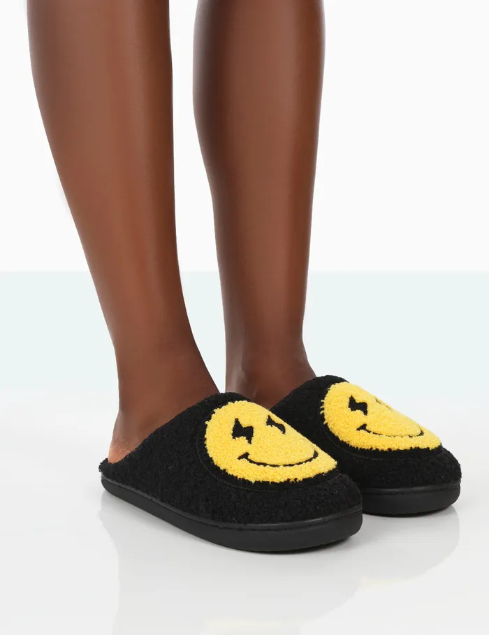 Women Daze Black Printed Smiley Face Slippers Black Public Desire Gifts