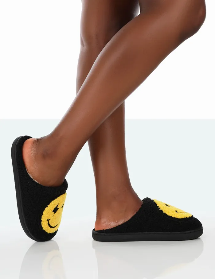 Women Daze Black Printed Smiley Face Slippers Black Public Desire Gifts