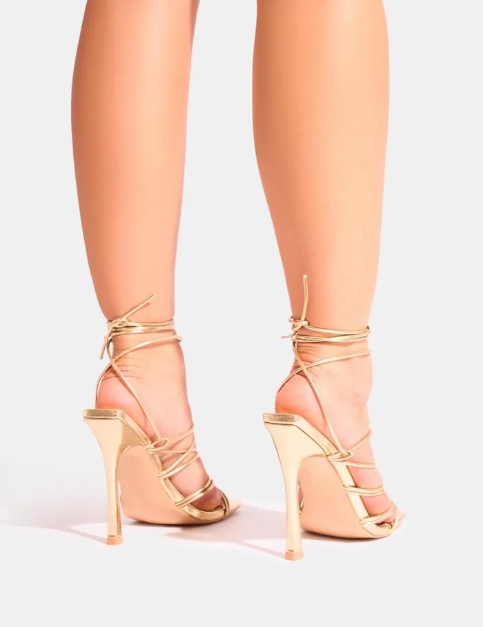 Women Delphini Gold Extreme Lace Up Square Toe Heels Gold Public Desire Square Toe Heels
