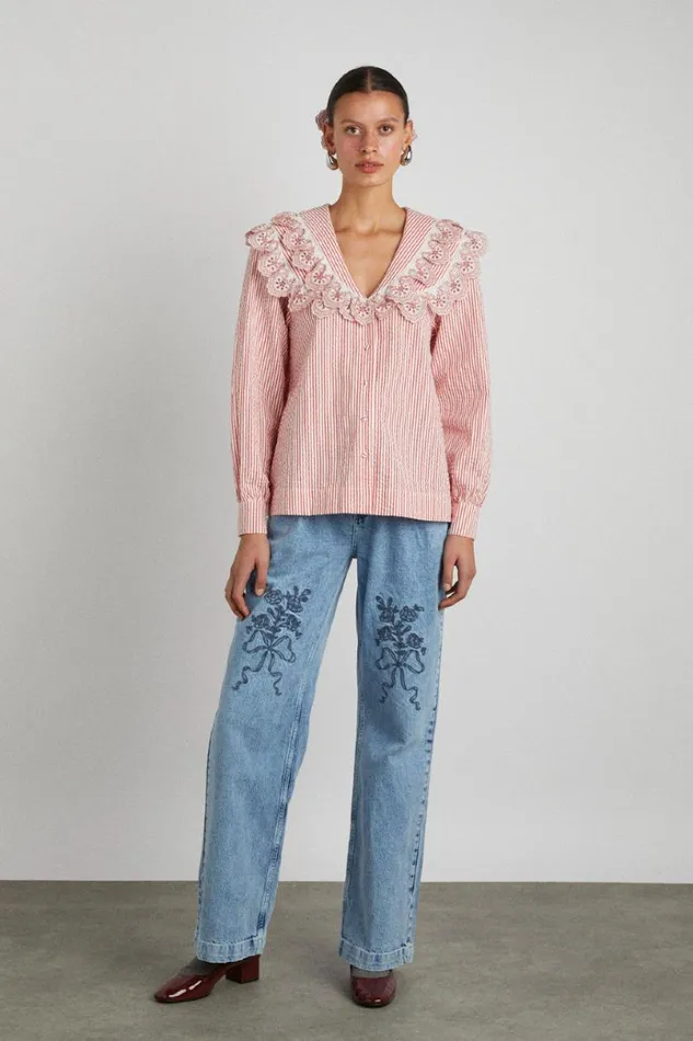 Women Denim Damson Madder Babysitter Jean 8211 Embroidered Bow