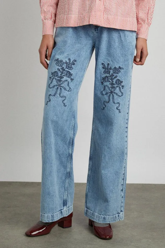 Women Denim Damson Madder Babysitter Jean 8211 Embroidered Bow