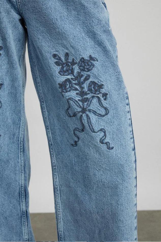 Women Denim Damson Madder Babysitter Jean 8211 Embroidered Bow
