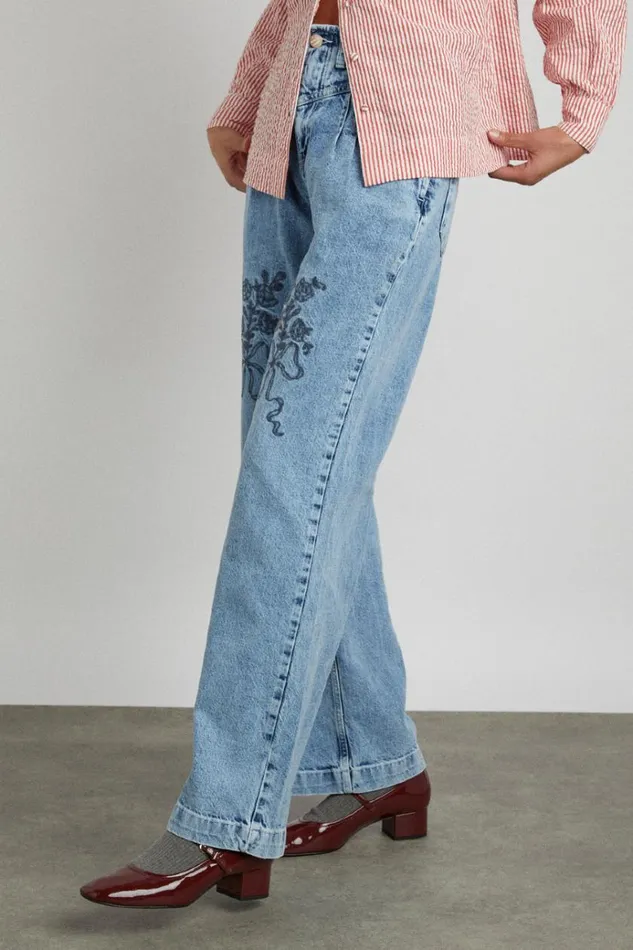 Women Denim Damson Madder Babysitter Jean 8211 Embroidered Bow