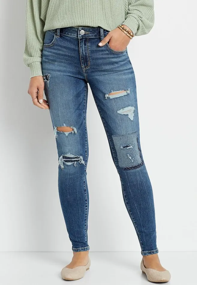 Women Denimflex High Rise Dark Patchwork Destructed Jegging Maurices Jeans