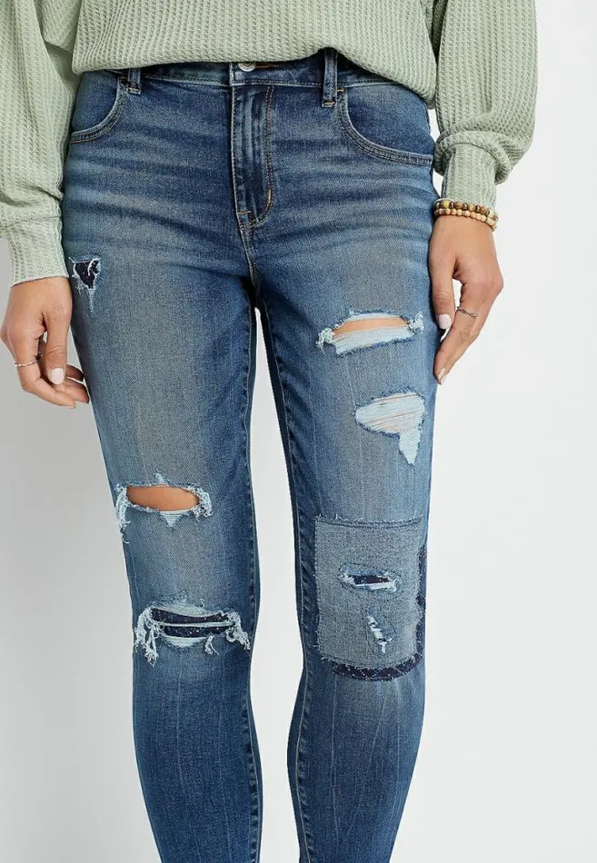Women Denimflex High Rise Dark Patchwork Destructed Jegging Maurices Jeans