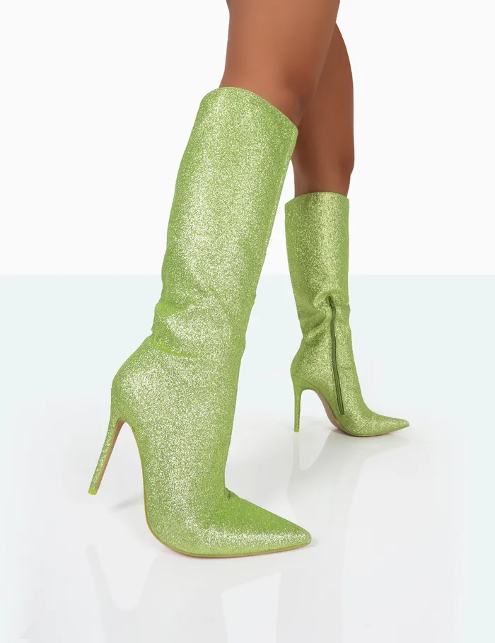 Women Diva Lime Glitter Pointed Toe Stiletto Knee High Boots Green Public Desire Party Women Diva Lime Glitter Pointed Toe Stiletto Knee High Boots Green Public Desire Party