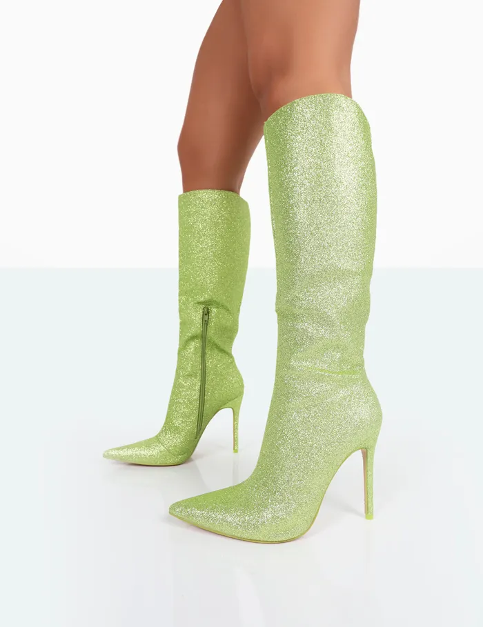 Women Diva Lime Glitter Pointed Toe Stiletto Knee High Boots Green Public Desire Party