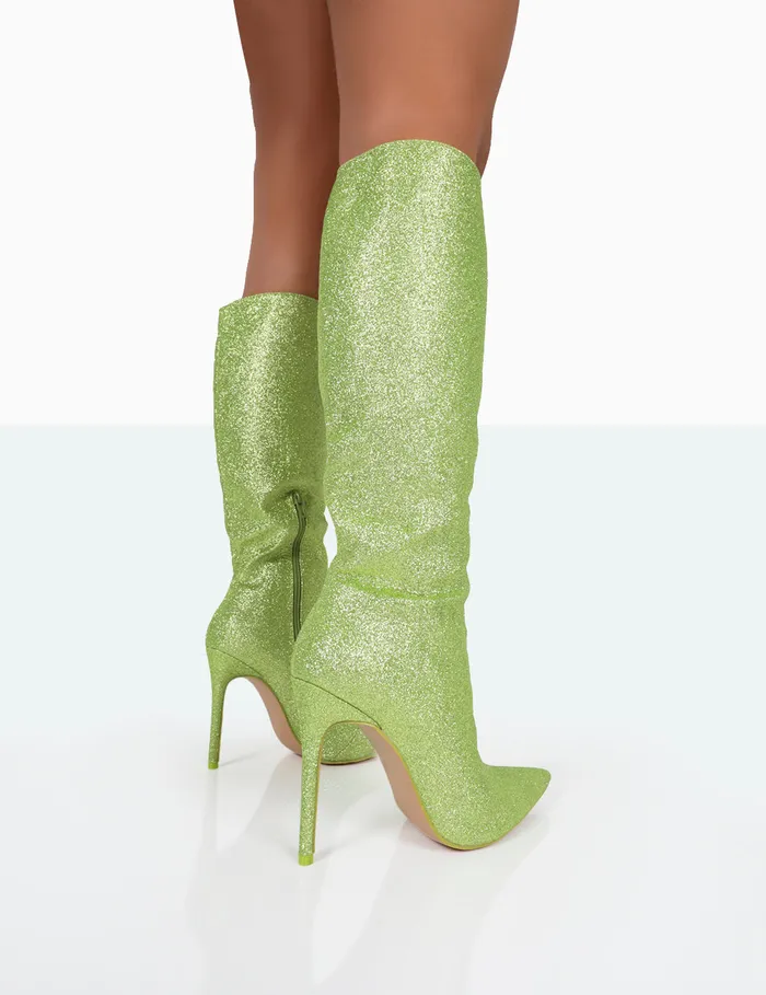 Women Diva Lime Glitter Pointed Toe Stiletto Knee High Boots Green Public Desire Party