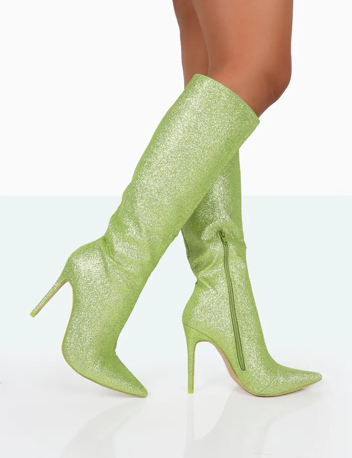 Women Diva Lime Glitter Pointed Toe Stiletto Knee High Boots Green Public Desire Party