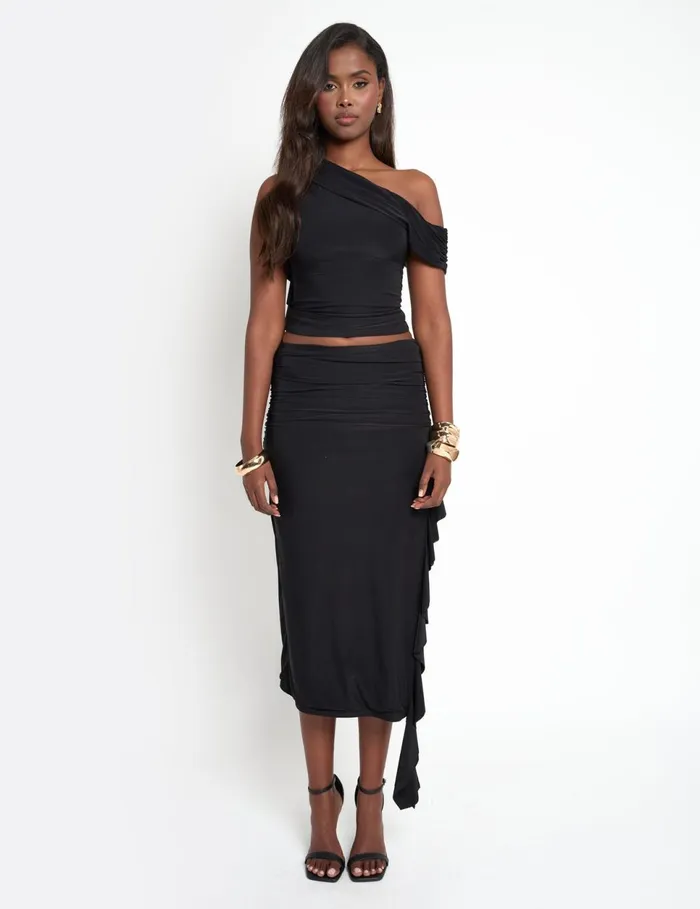 Women Drape Detail Luxe Slinky Maxi Skirt Black Black Public Desire Skirts