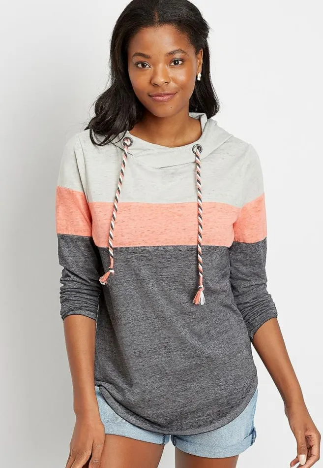 Women Drawstring Striped Pullover Hoodie Maurices Tops