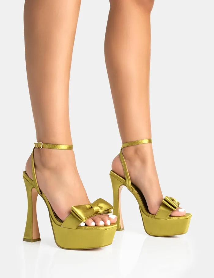 Women Dreamer Olive Green Satin Extreme Bow Ankle Strap Platform Square Toe Flared Stiletto Heels Green Public Desire Party