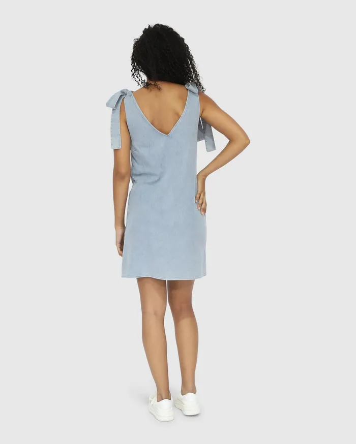 Women Dresses Belle and Bloom Burning Love Tie Shoulder Mini Dress 8211 Stonewash
