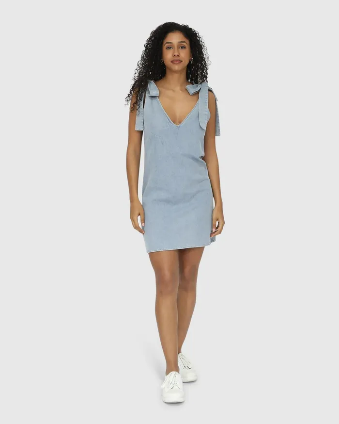 Women Dresses Belle and Bloom Burning Love Tie Shoulder Mini Dress 8211 Stonewash