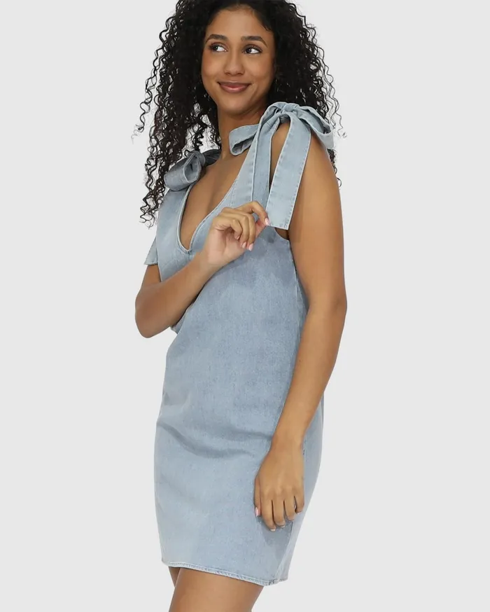 Women Dresses Belle and Bloom Burning Love Tie Shoulder Mini Dress 8211 Stonewash
