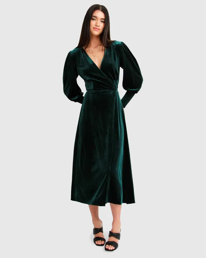 Women Dresses Belle and Bloom Current Mood Velvet Wrap Dress 8211 Dark Green