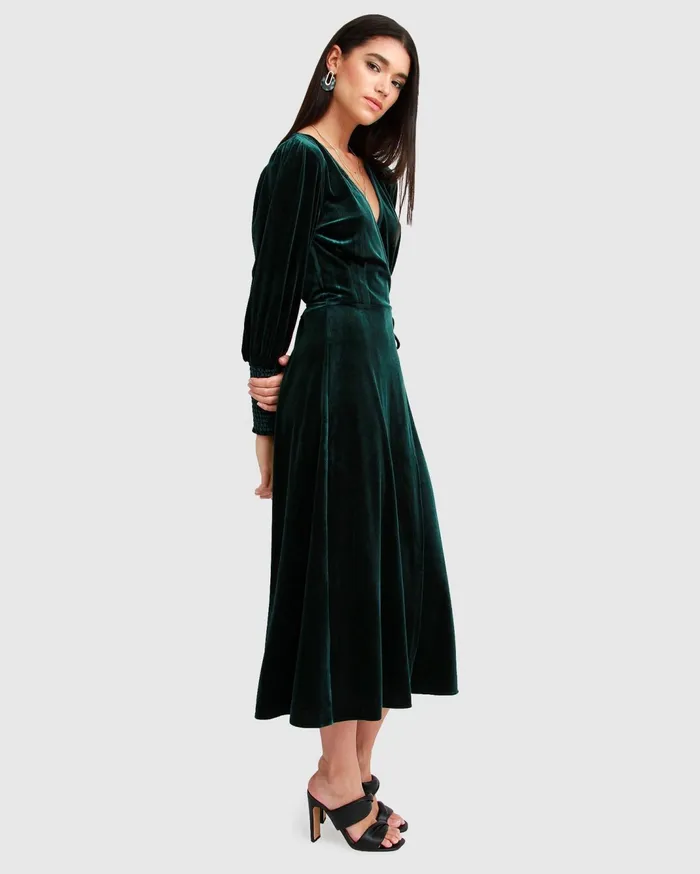 Women Dresses Belle and Bloom Current Mood Velvet Wrap Dress 8211 Dark Green