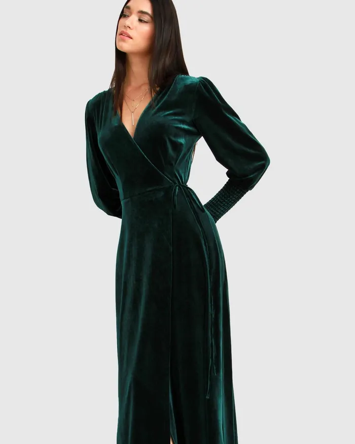 Women Dresses Belle and Bloom Current Mood Velvet Wrap Dress 8211 Dark Green