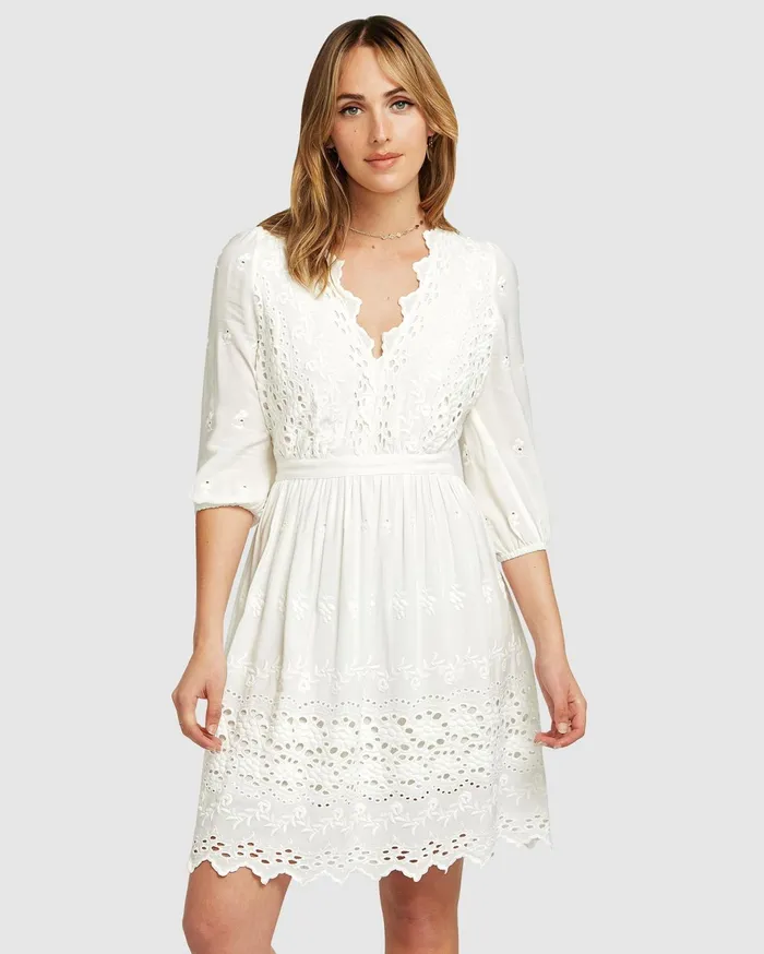Women Dresses Belle and Bloom Sweet Talk Eyelet Mini Dress 8211 White