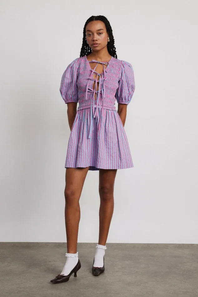 Women Dresses Damson Madder Bluebelle Shirred Mini Dress 8211 Pink and Blue Stripe