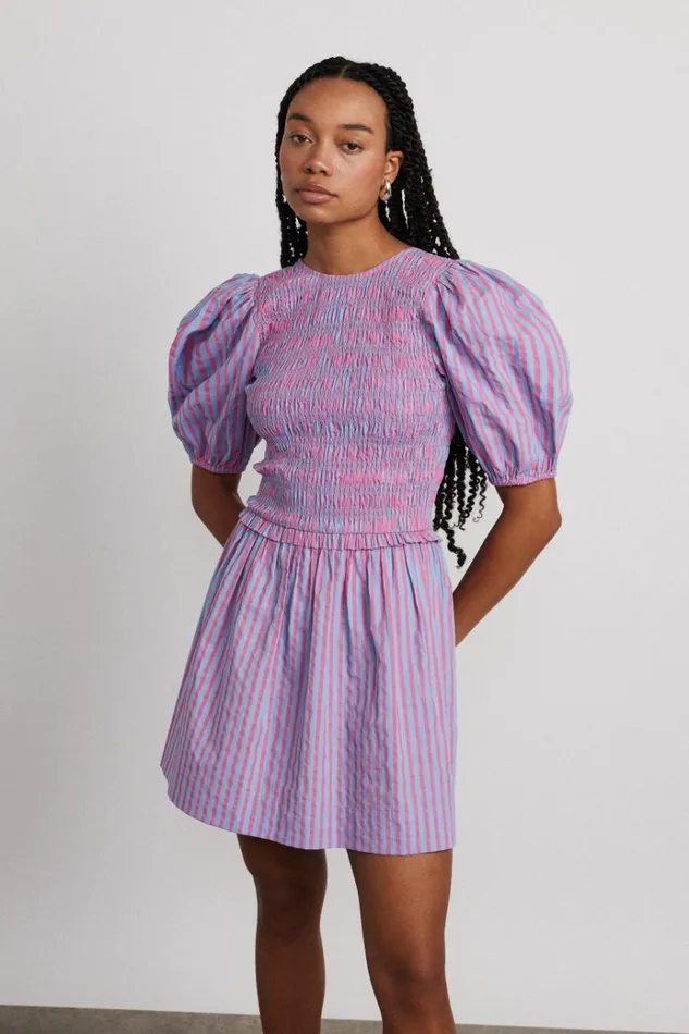 Women Dresses Damson Madder Bluebelle Shirred Mini Dress 8211 Pink and Blue Stripe