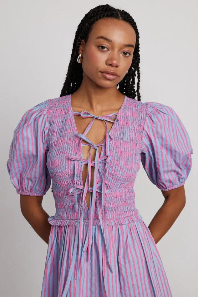 Women Dresses Damson Madder Bluebelle Shirred Mini Dress 8211 Pink and Blue Stripe
