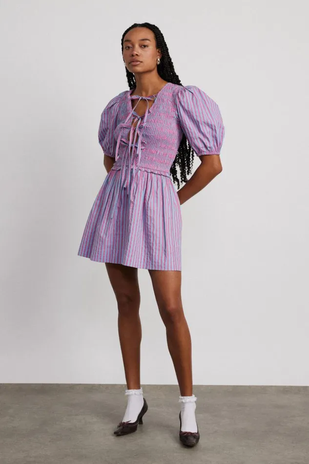 Women Dresses Damson Madder Bluebelle Shirred Mini Dress 8211 Pink and Blue Stripe