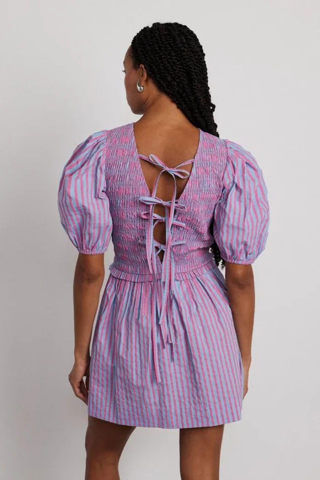 Women Dresses Damson Madder Bluebelle Shirred Mini Dress 8211 Pink and Blue Stripe