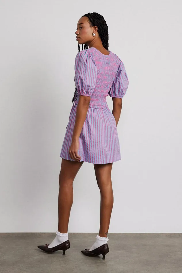 Women Dresses Damson Madder Bluebelle Shirred Mini Dress 8211 Pink and Blue Stripe