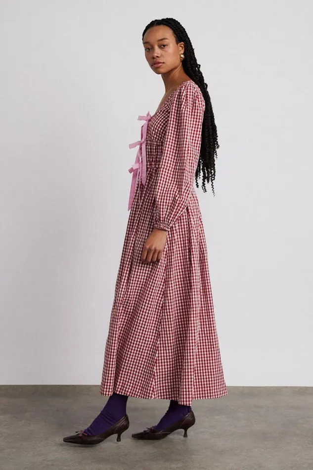 Women Dresses Damson Madder Dakota Bow Midi Dress 8211 Red Gingham