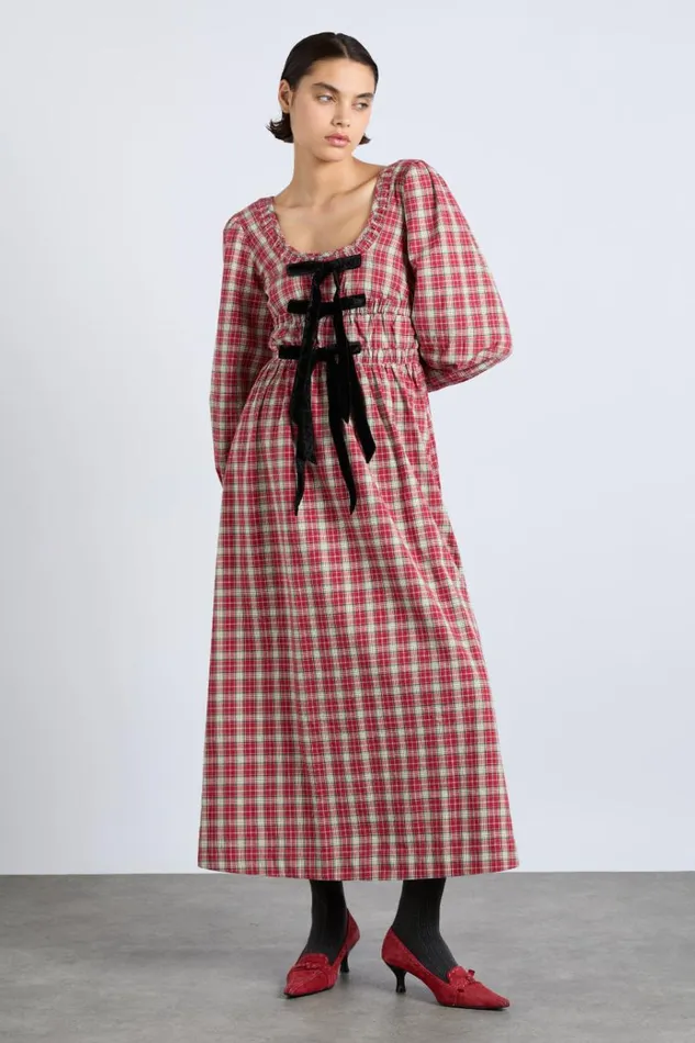 Women Dresses Damson Madder Dakota Bow Midi Dress 8211 Tartan