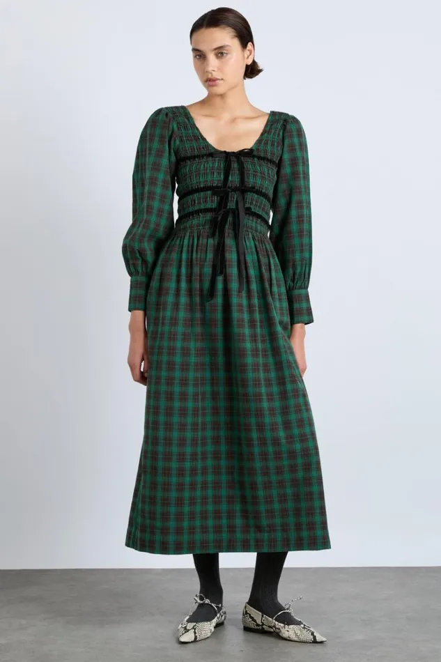 Women Dresses Damson Madder Elle Shirred Midi Dress 8211 Green Check