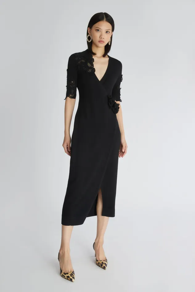 Women Dresses Ermanno Scervino Designer Dress In Pure Virgin Wool With Lace Application 8211 Ermanno Scervino Black