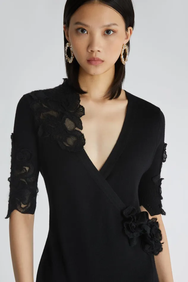 Women Dresses Ermanno Scervino Designer Dress In Pure Virgin Wool With Lace Application 8211 Ermanno Scervino Black