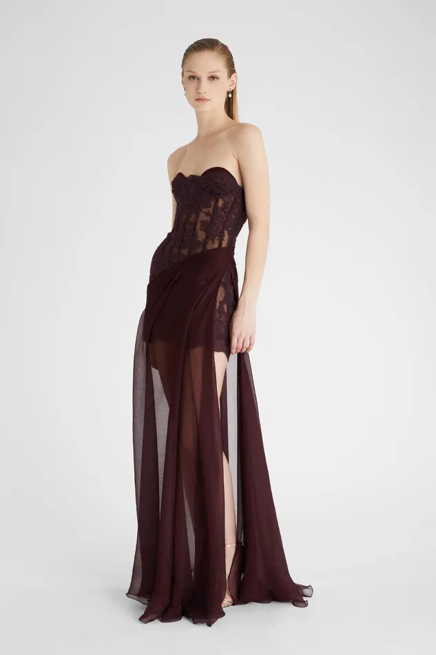 Women Dresses Ermanno Scervino Designer Lace Bustier Dress With Silk Skirt 8211 Ermanno Scervino Brown